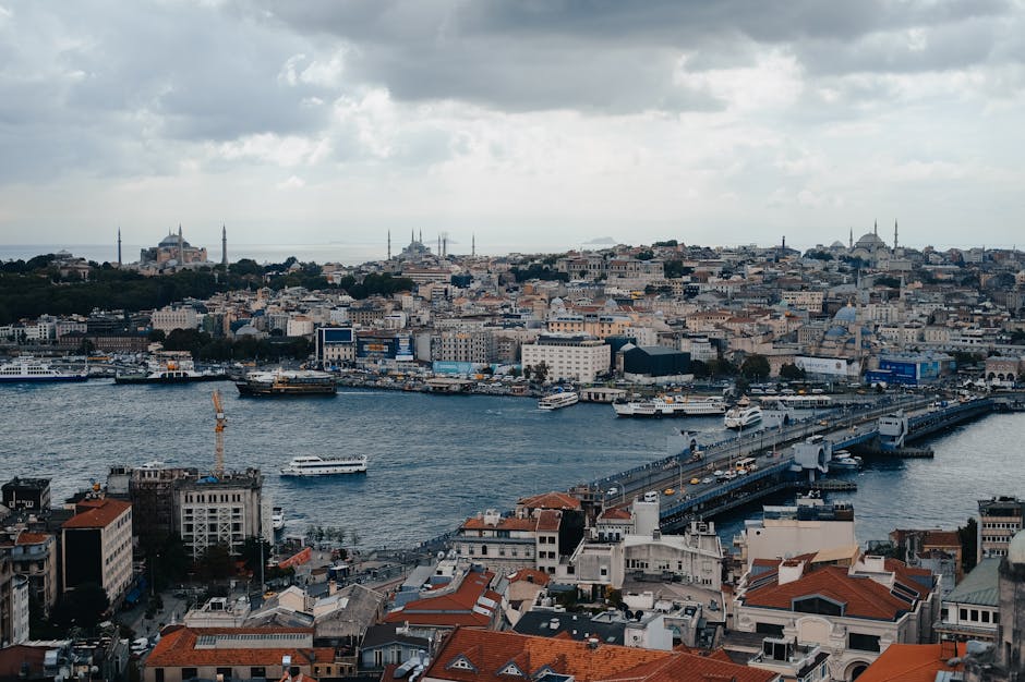 Breathtaking aerial view of Istanbul's skyline with Bosphorus, showcasing iconic landmarks and rich urban landscape.