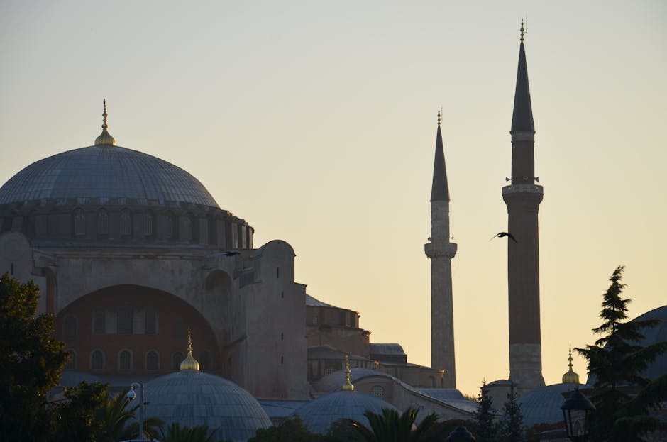 Beautiful silhouette of Hagia Sophia and minarets at sunset, Istanbul.