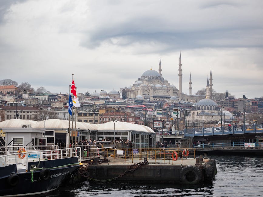 Scenic view of Istanbul's iconic skyline featuring mosques from the waterfront, showcasing urban architecture.