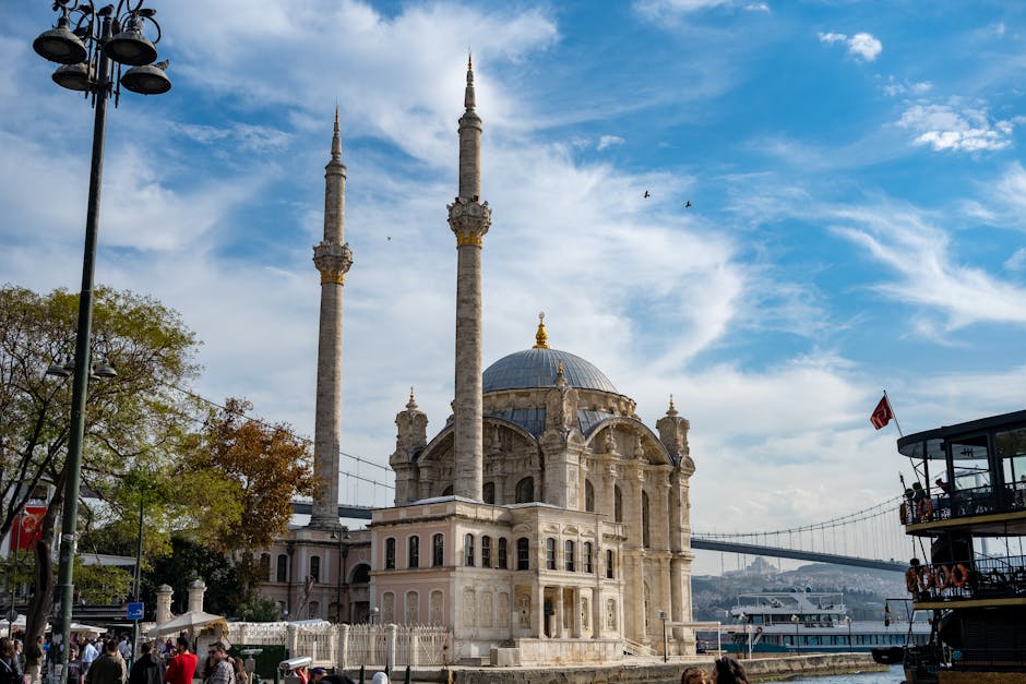 Ortaköy Mosque with Bosphorus Bridge in Istanbul, showcasing iconic architecture against a blue sky.